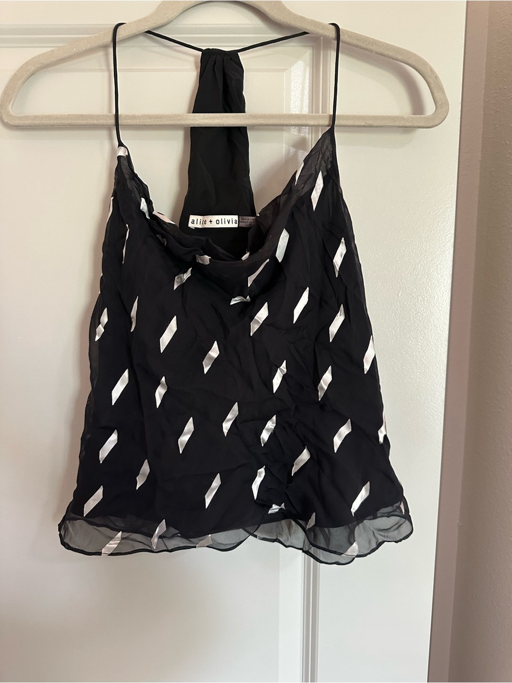 Alice + Olivia Black Silk Halter Cowl Tank with White Geometric Accents